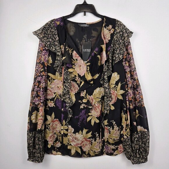 Ralph Lauren Womens Floral Ruffle-Trim Georgette Blouse Black Size XL NWT (26) - Picture 5 of 15